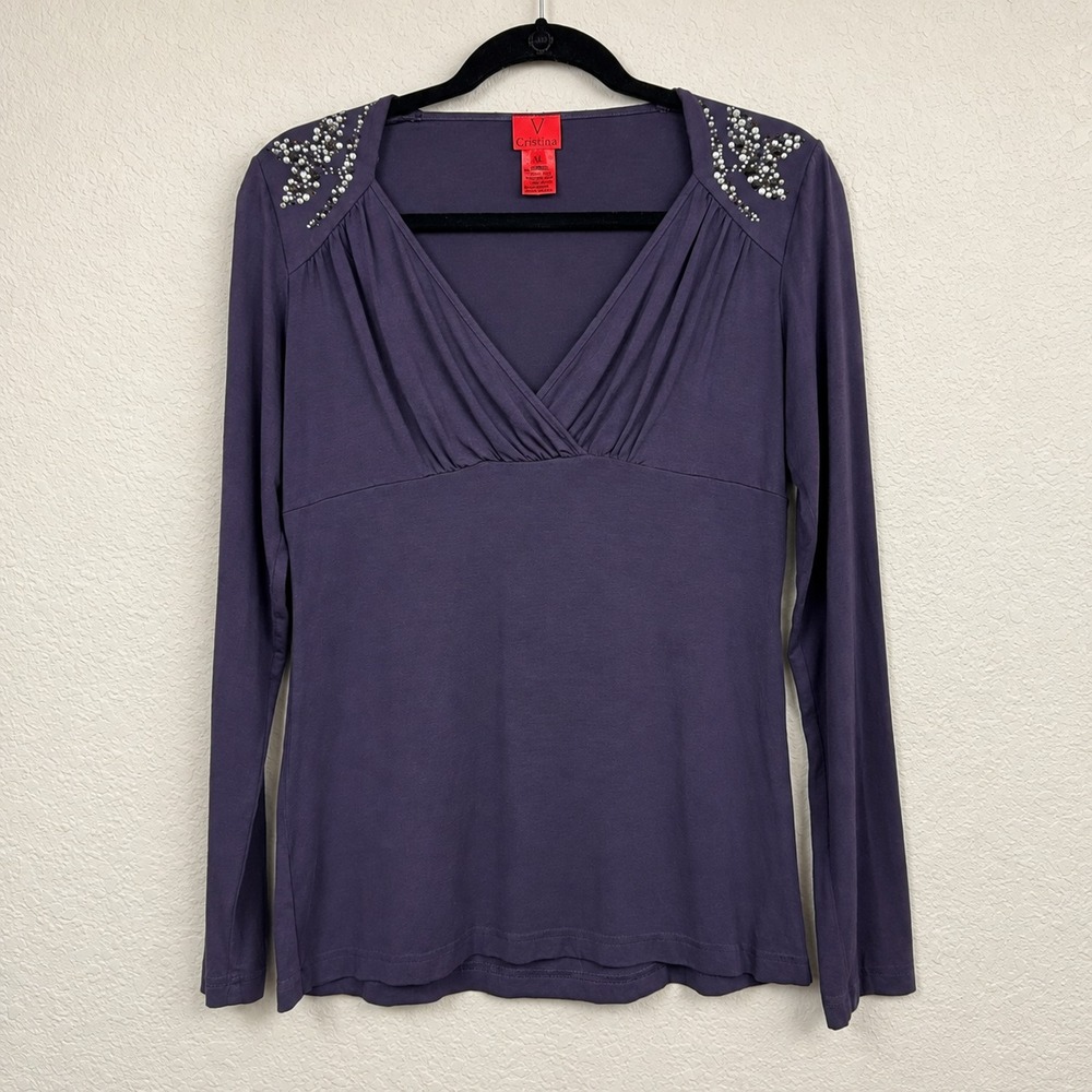 V Cristina Womens Dark Purple Rhinestone Empire Waist Y2K Long Sleeve Top M